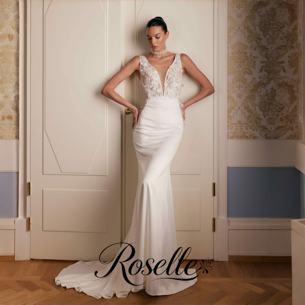 Wedding Qw - ROSELLE Spitzen-Meerjungfrauen-Brautkleid mit V-Ausschnitt, Blumenmuster, offenem
