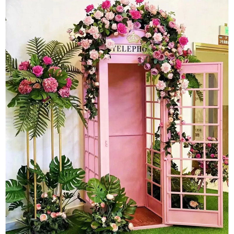 Photo Booth Prop - Rosa Telefonzelle mit Blumen-Salon-Dekoration, Foto-Requisite, Straßenschild,