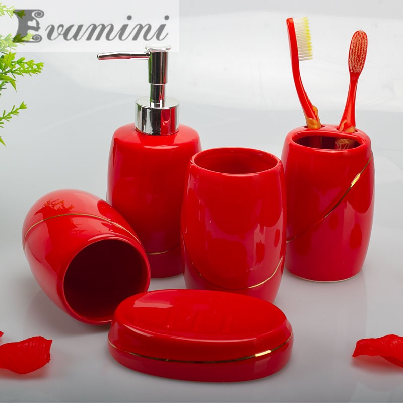 Wedding Bathroom Supply Kit - Hochzeitsgeschenk für Badezimmer/Badezimmerzubehör-Set aus roter Keramik/Toilettenwaschset/Seifenspender,